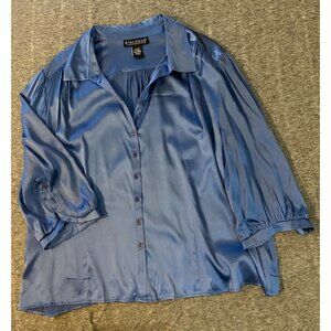 Dialogue Womens Silk Top Size 2X Blue Button Up Blouse 2X Dress Shirt 3/4 Sleeve
